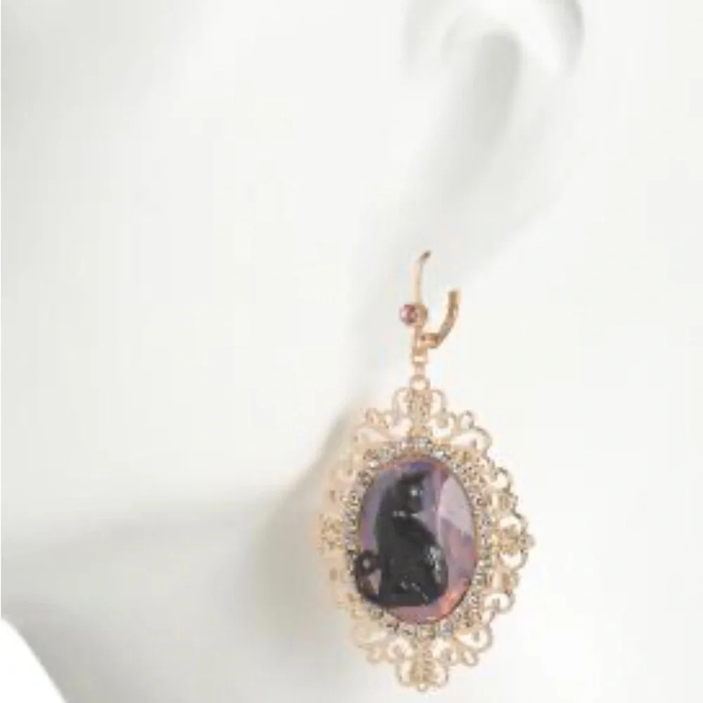 Authentic Betsey Johnson Earrings - Black Cat Gold Filigree Rhinestone Goth NWT